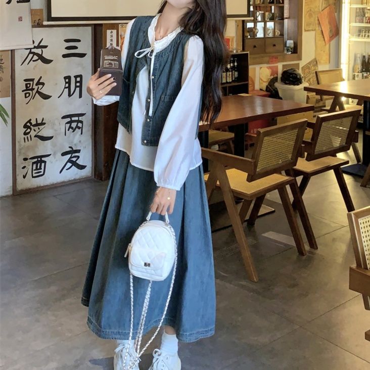 デニムセットアップ リボンデザインブラウス ベスト&フレアスカート