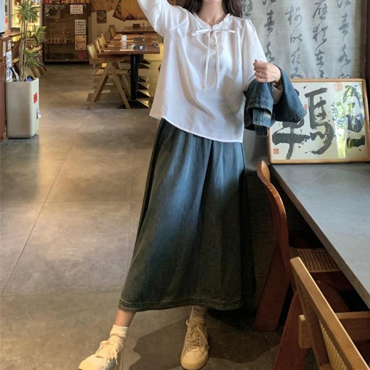 デニムセットアップ リボンデザインブラウス ベスト&フレアスカート