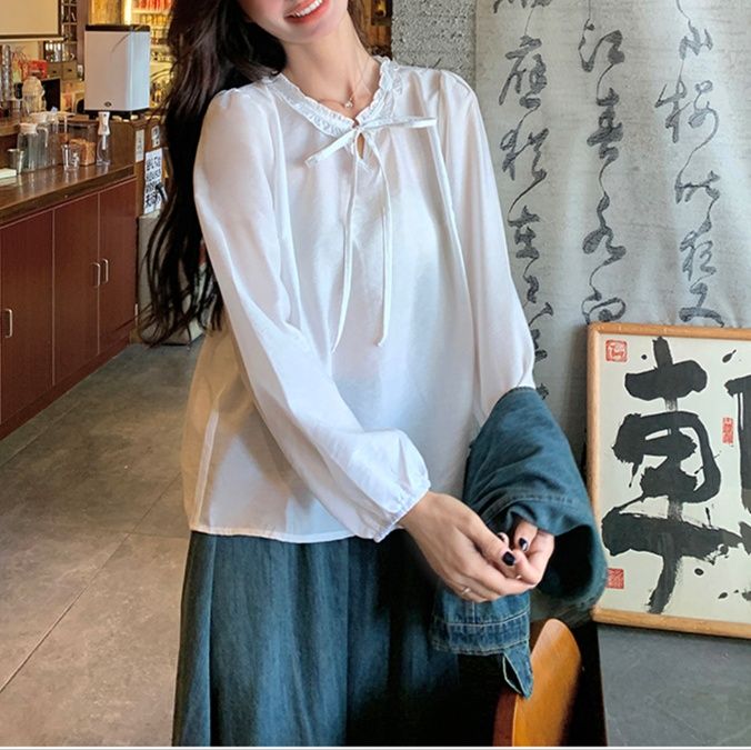 デニムセットアップ リボンデザインブラウス ベスト&フレアスカート