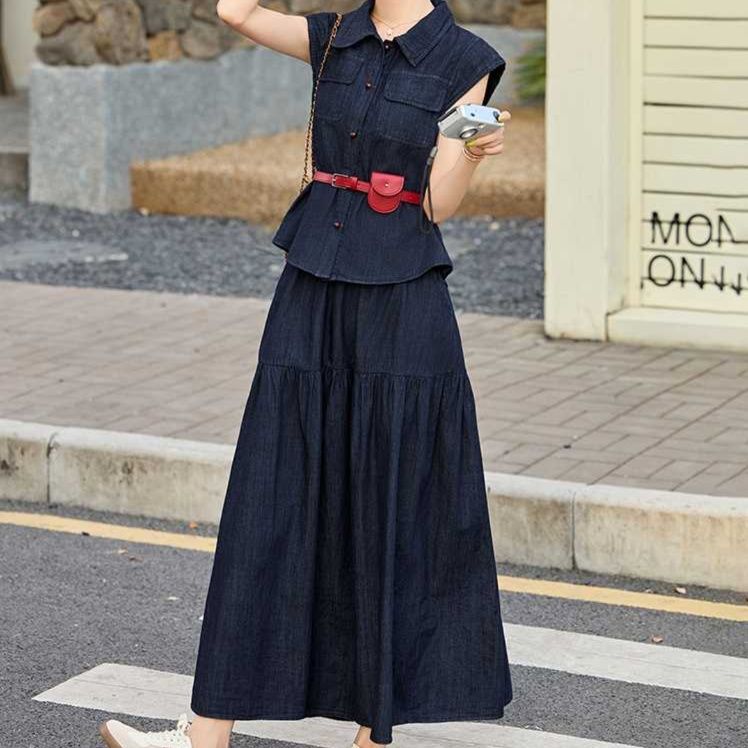 デニムセットアップ ポケット付きノースリーブ長裾セット