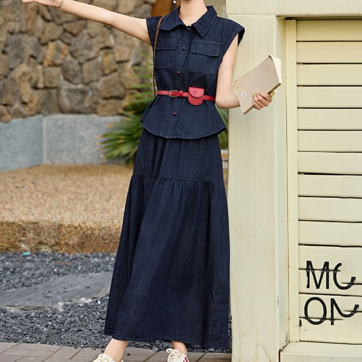 デニムセットアップ ポケット付きノースリーブ長裾セット