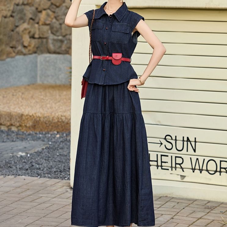 デニムセットアップ ポケット付きノースリーブ長裾セット