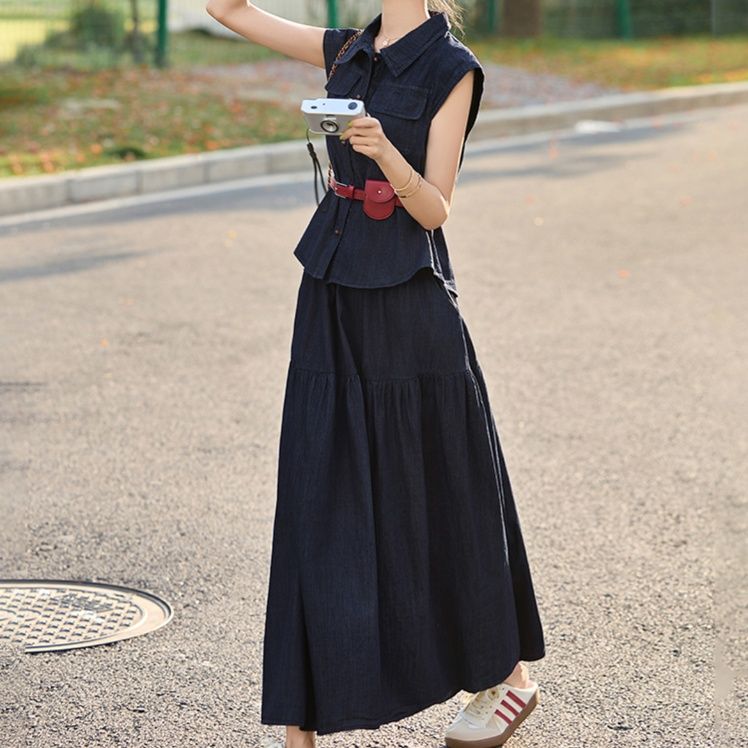 デニムセットアップ ポケット付きノースリーブ長裾セット