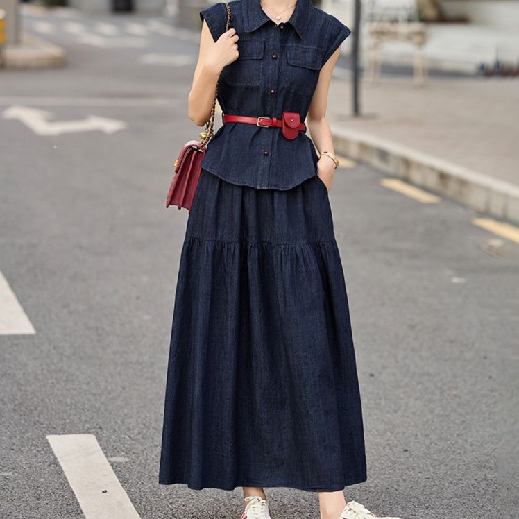 デニムセットアップ ポケット付きノースリーブ長裾セット