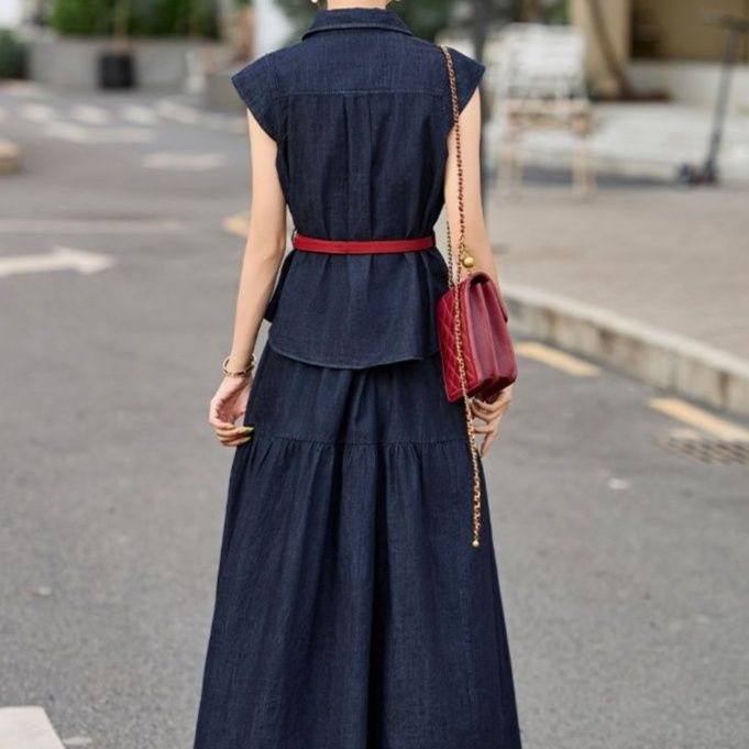 デニムセットアップ ポケット付きノースリーブ長裾セット