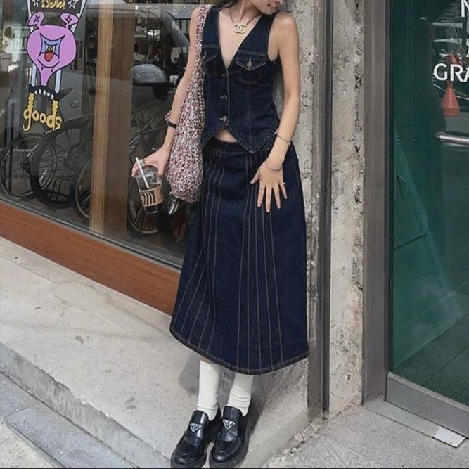 デニムセットアップ 洗練デニムベストミモレ丈スカートセット