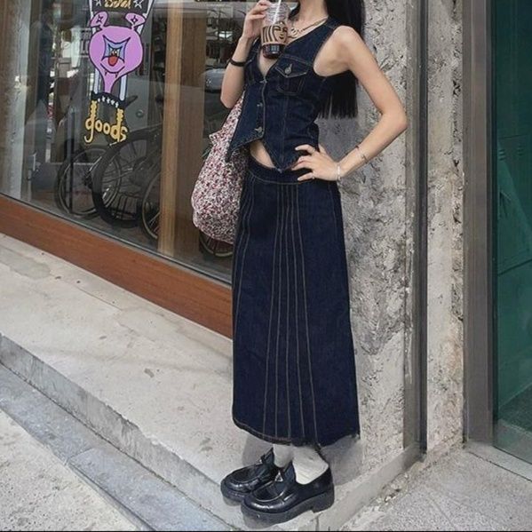 デニムセットアップ 洗練デニムベストミモレ丈スカートセット