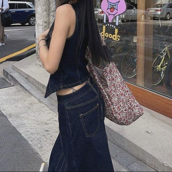 デニムセットアップ 洗練デニムベストミモレ丈スカートセット