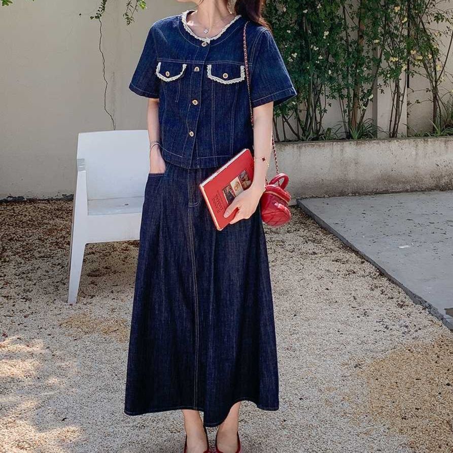 デニムセットアップ レースデザイン デニムセットアップ