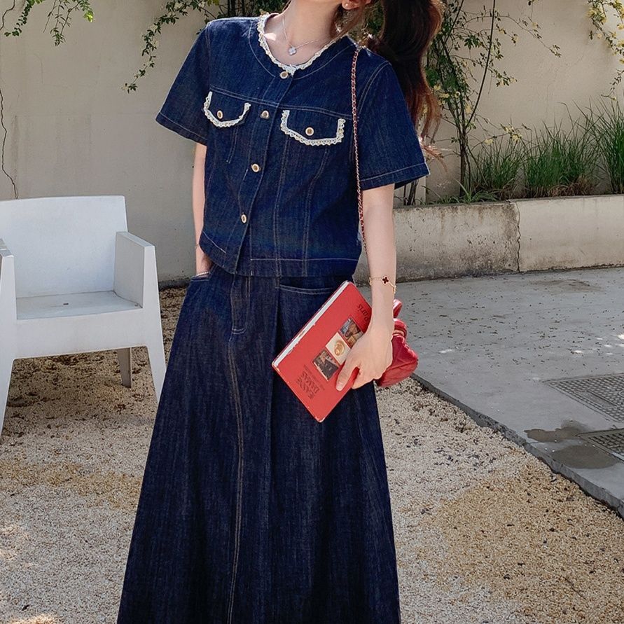 デニムセットアップ レースデザイン デニムセットアップ