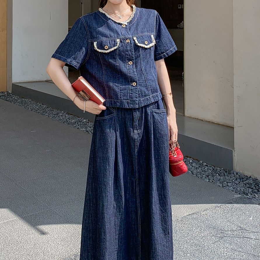 デニムセットアップ レースデザイン デニムセットアップ