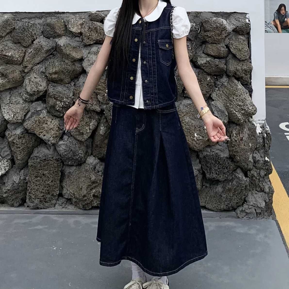 デニムセットアップ レトロ可愛い丸襟ベストスカートセット