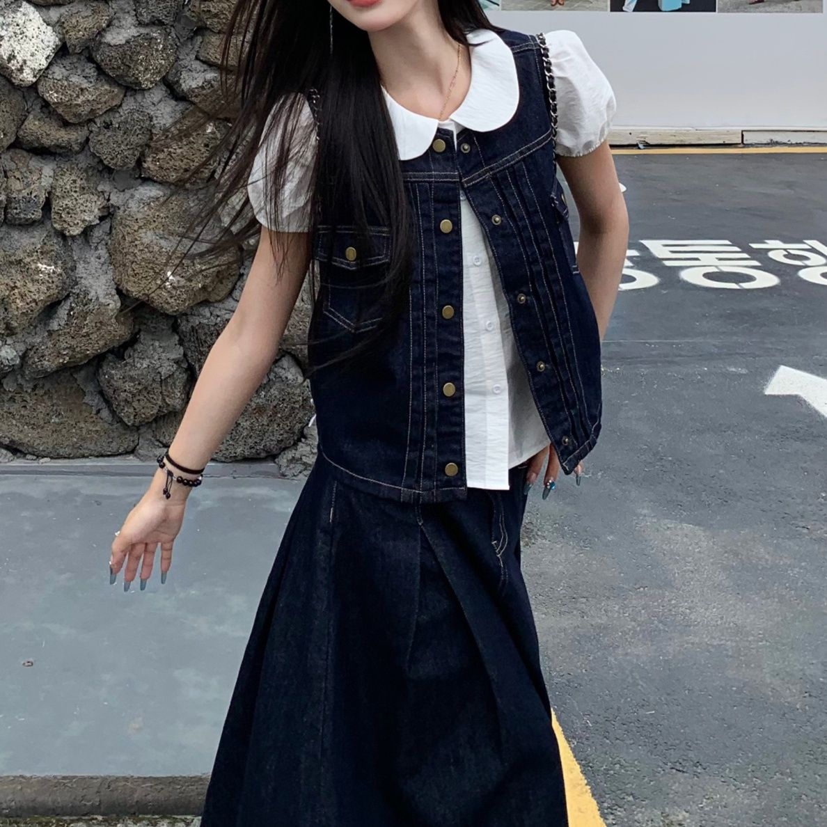 デニムセットアップ レトロ可愛い丸襟ベストスカートセット