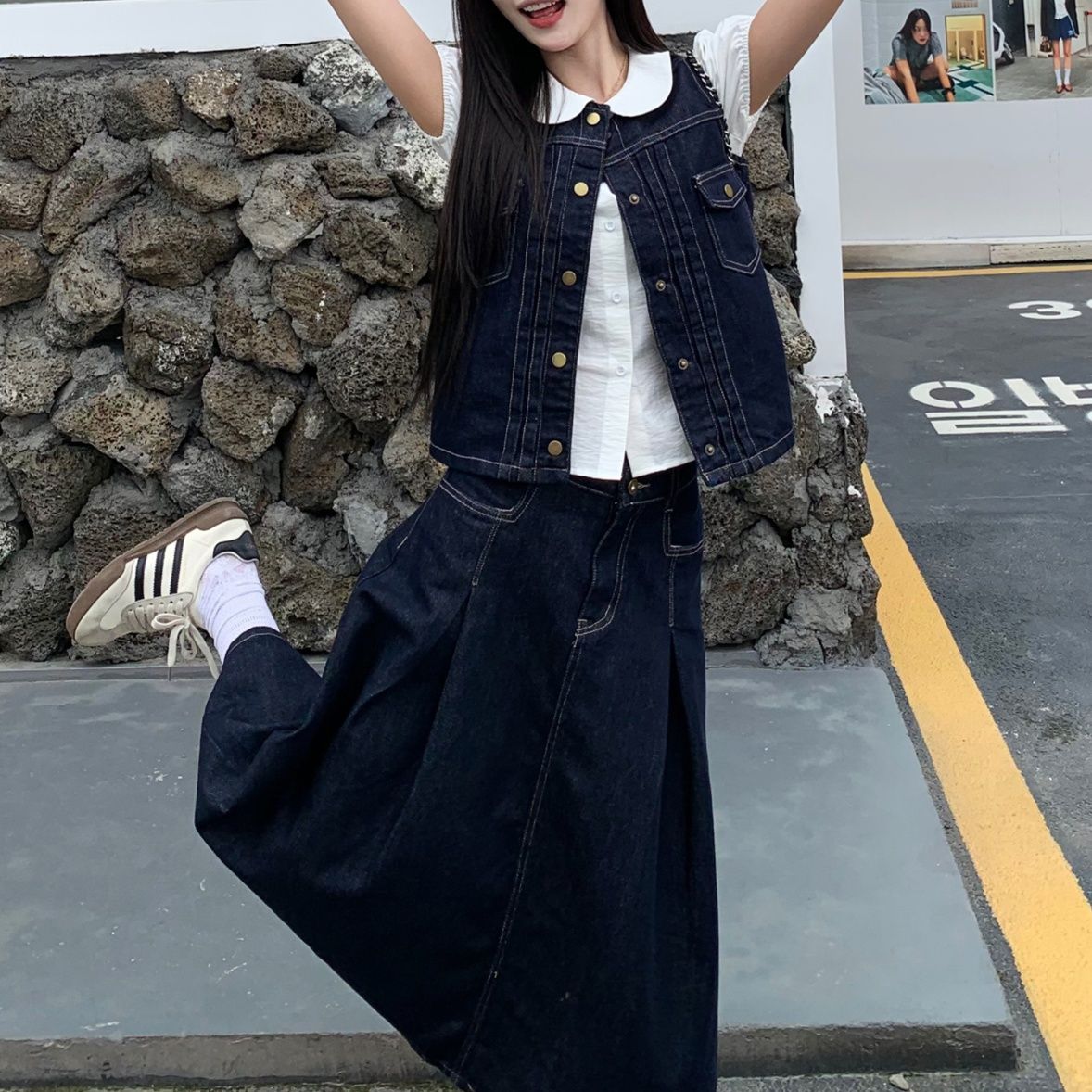 デニムセットアップ レトロ可愛い丸襟ベストスカートセット