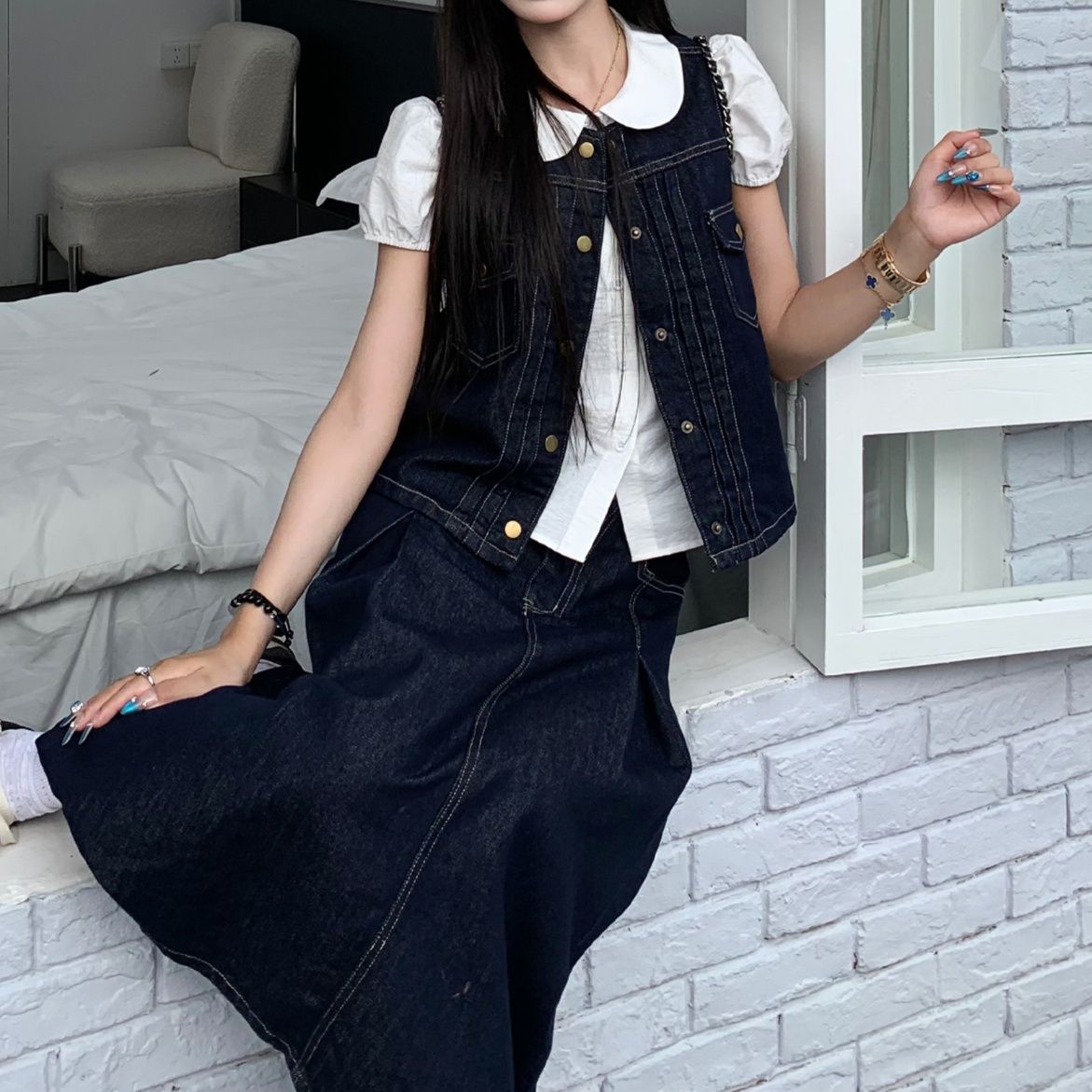 デニムセットアップ レトロ可愛い丸襟ベストスカートセット