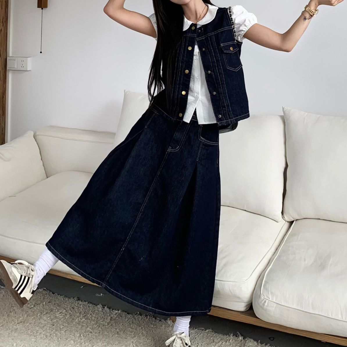 デニムセットアップ レトロ可愛い丸襟ベストスカートセット