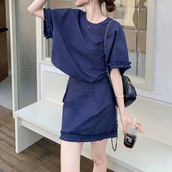 デニムセットアップ フリル袖デニムスカートセットアップ