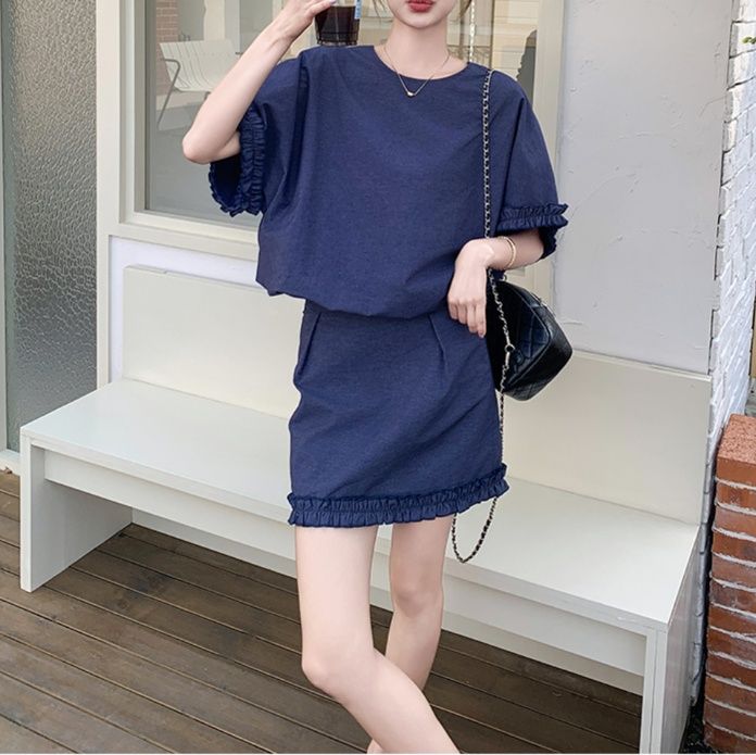 デニムセットアップ フリル袖デニムスカートセットアップ