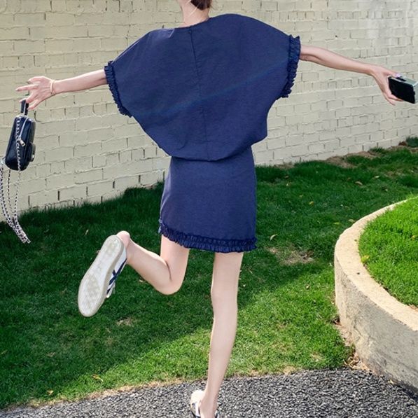 デニムセットアップ フリル袖デニムスカートセットアップ