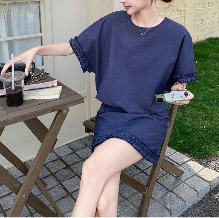 デニムセットアップ フリル袖デニムスカートセットアップ