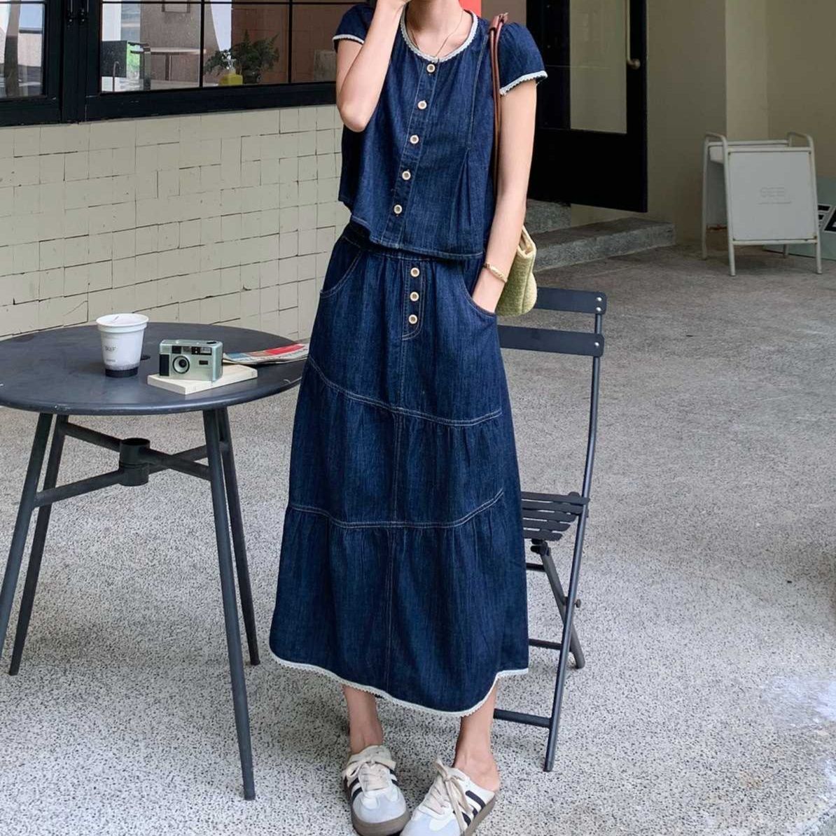 デニムセットアップ レース縁取りティアード風スカートセット