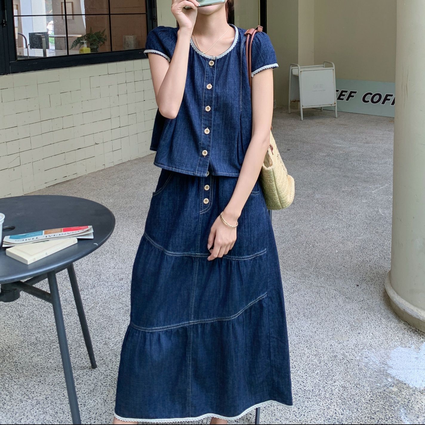 デニムセットアップ レース縁取りティアード風スカートセット