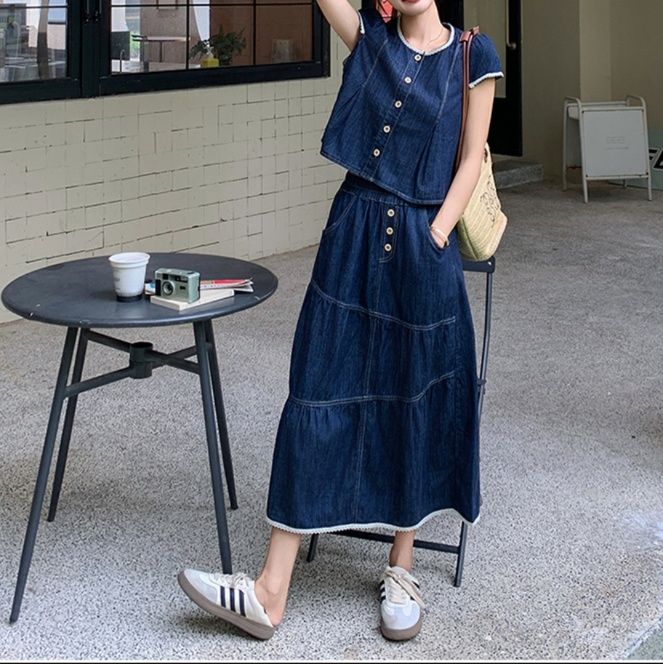 デニムセットアップ レース縁取りティアード風スカートセット