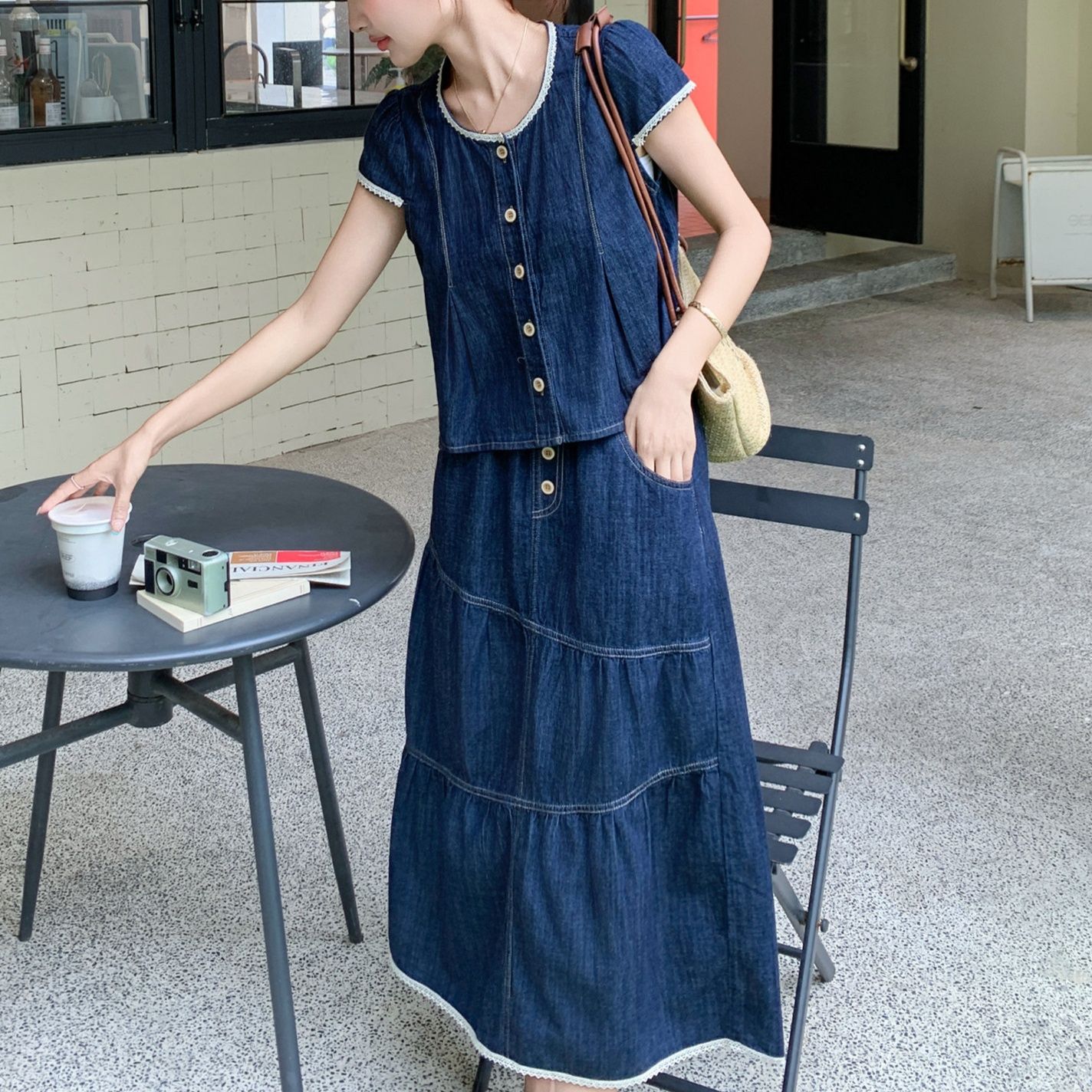 デニムセットアップ レース縁取りティアード風スカートセット