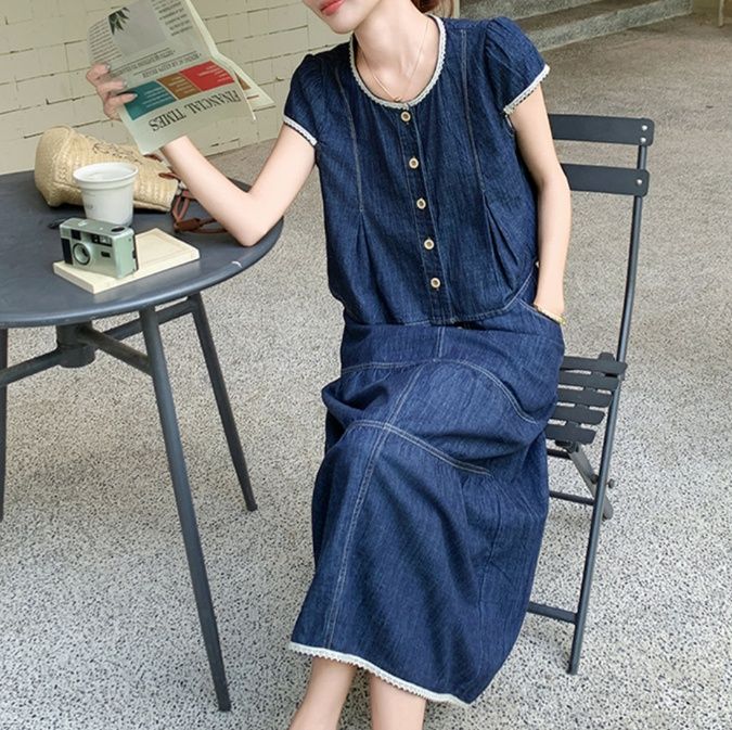 デニムセットアップ レース縁取りティアード風スカートセット