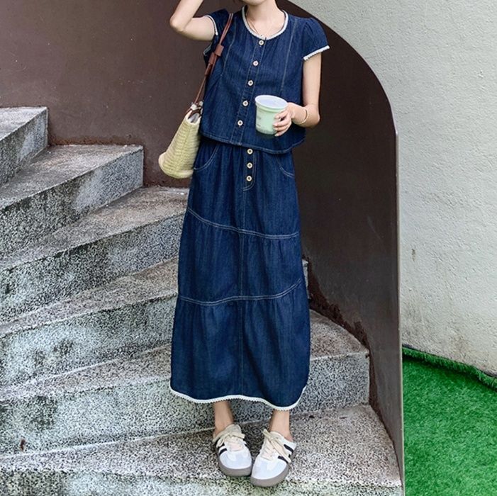 デニムセットアップ レース縁取りティアード風スカートセット