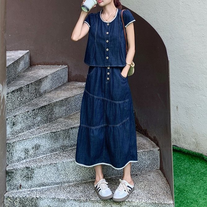 デニムセットアップ レース縁取りティアード風スカートセット