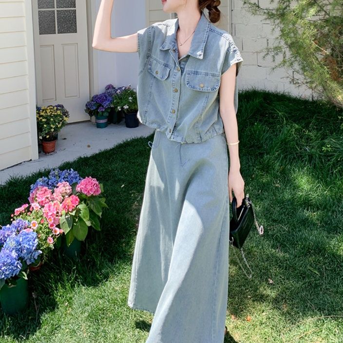 デニムセットアップ ゆったり半袖デニムロングセット