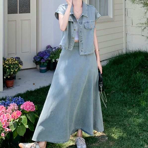 デニムセットアップ ゆったり半袖デニムロングセット