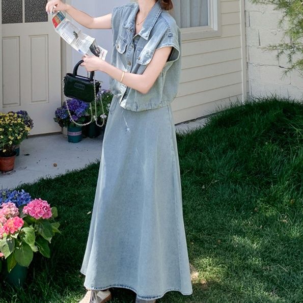 デニムセットアップ ゆったり半袖デニムロングセット