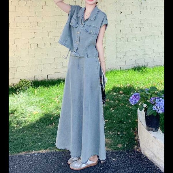 デニムセットアップ ゆったり半袖デニムロングセット