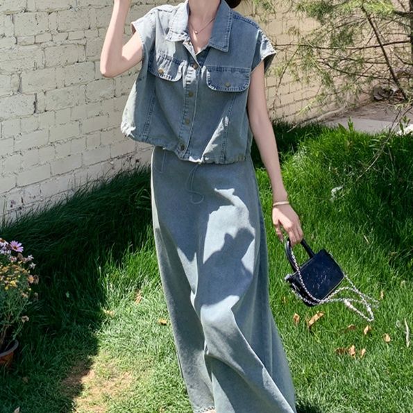 デニムセットアップ ゆったり半袖デニムロングセット