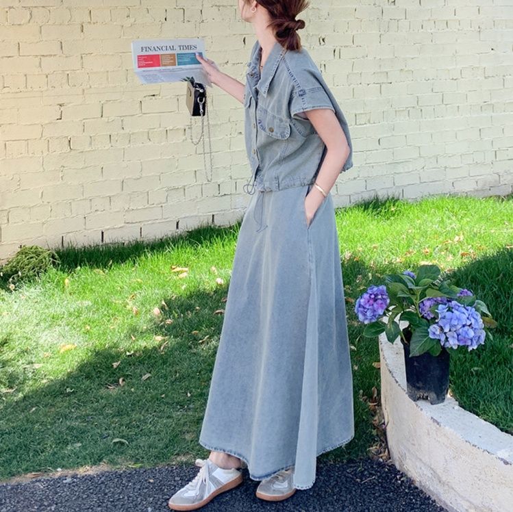 デニムセットアップ ゆったり半袖デニムロングセット