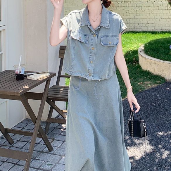 デニムセットアップ ゆったり半袖デニムロングセット