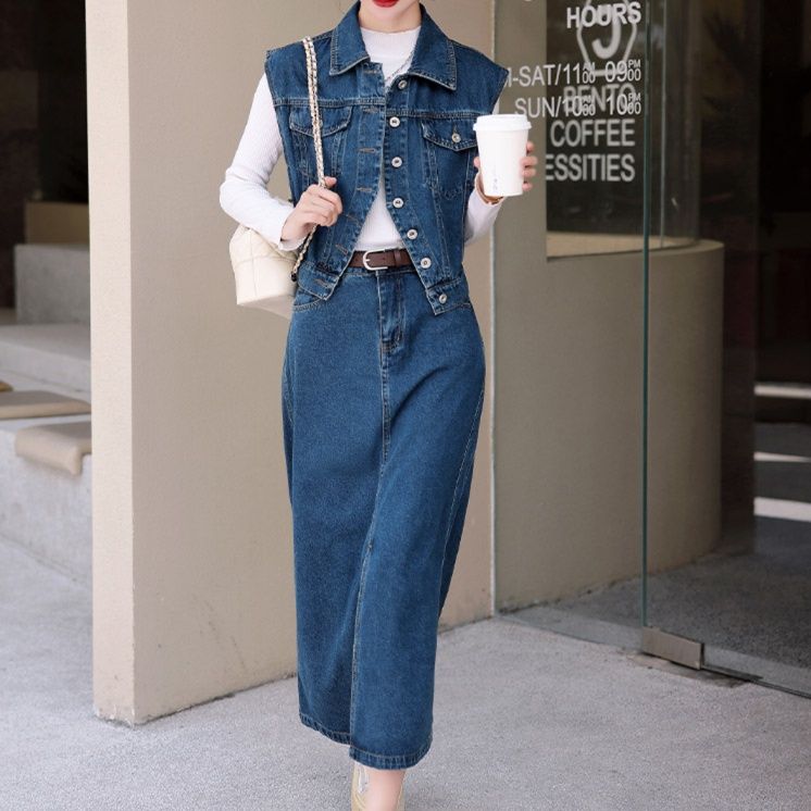 デニムセットアップ 前ボタンベスト×ロングスカートセット