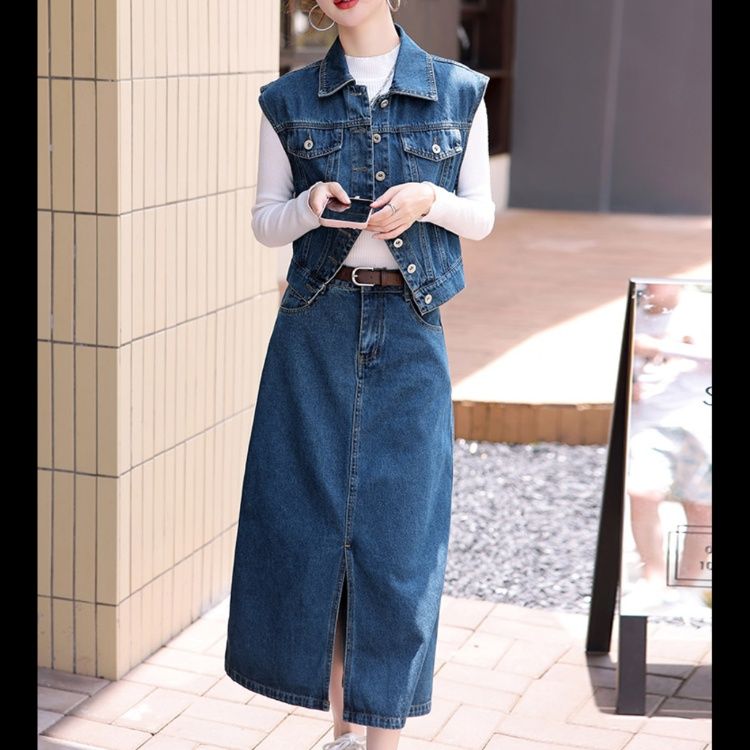 デニムセットアップ 前ボタンベスト×ロングスカートセット
