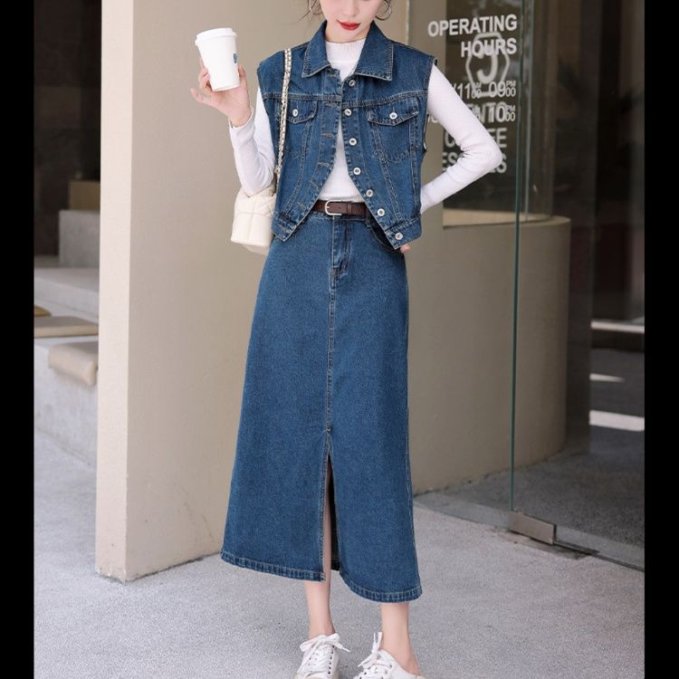 デニムセットアップ 前ボタンベスト×ロングスカートセット