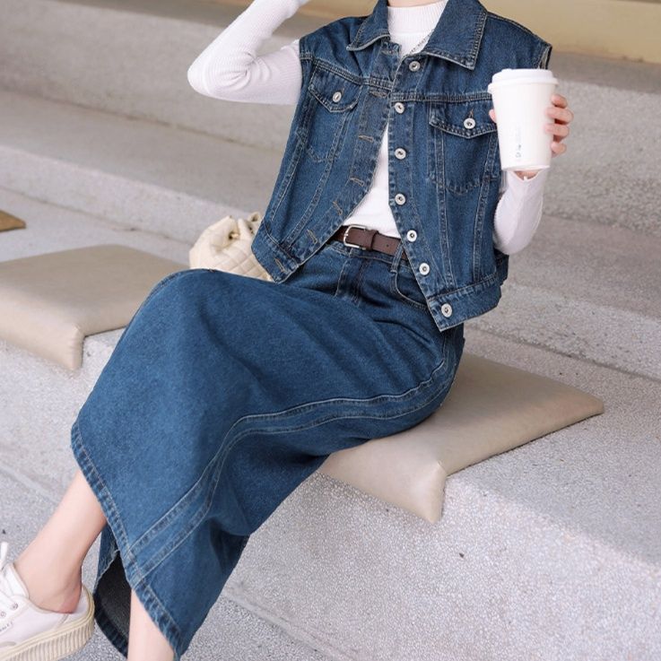 デニムセットアップ 前ボタンベスト×ロングスカートセット