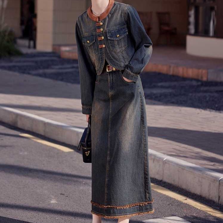 デニムセットアップ ノーカラー長袖ジャケットロングスカートセット