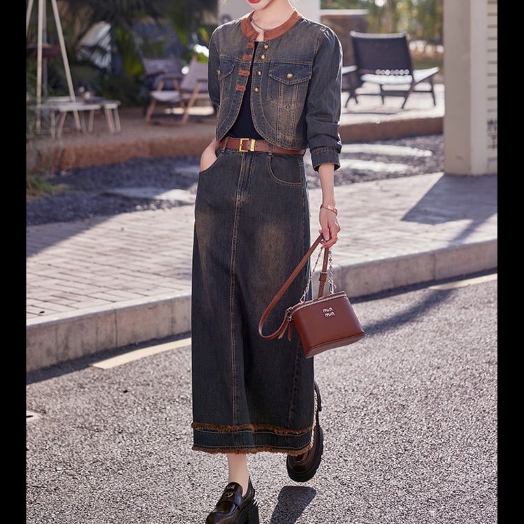 デニムセットアップ ノーカラー長袖ジャケットロングスカートセット