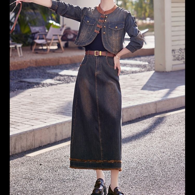 デニムセットアップ ノーカラー長袖ジャケットロングスカートセット