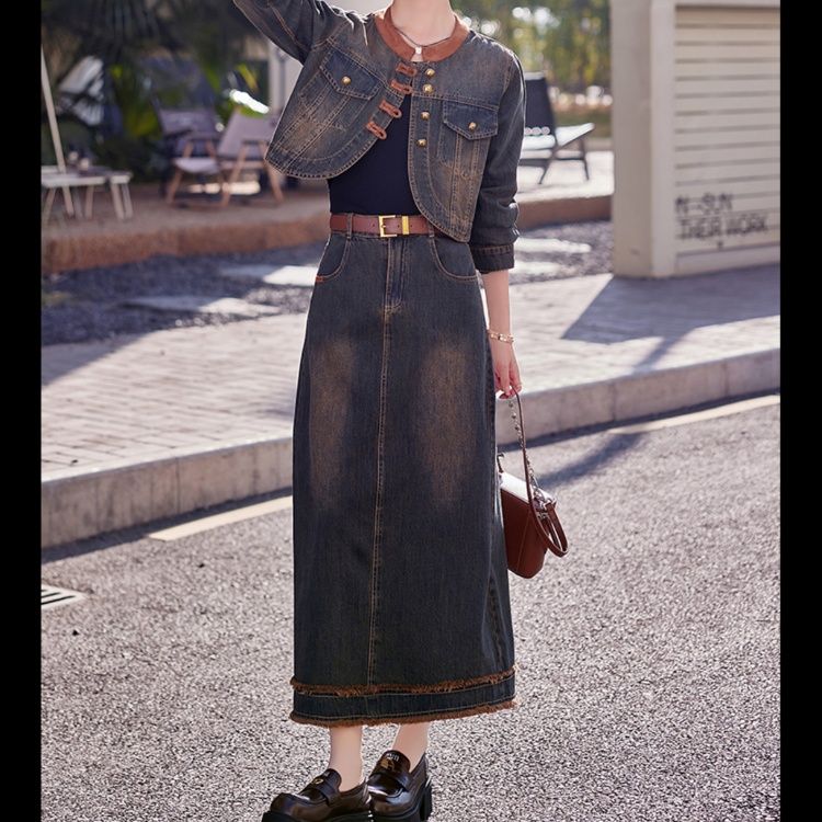 デニムセットアップ ノーカラー長袖ジャケットロングスカートセット