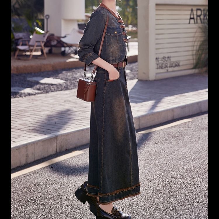 デニムセットアップ ノーカラー長袖ジャケットロングスカートセット