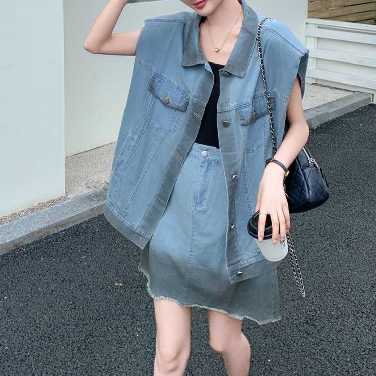 デニムセットアップ オーバーサイズデニムベストスカートセット