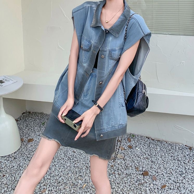 デニムセットアップ オーバーサイズデニムベストスカートセット
