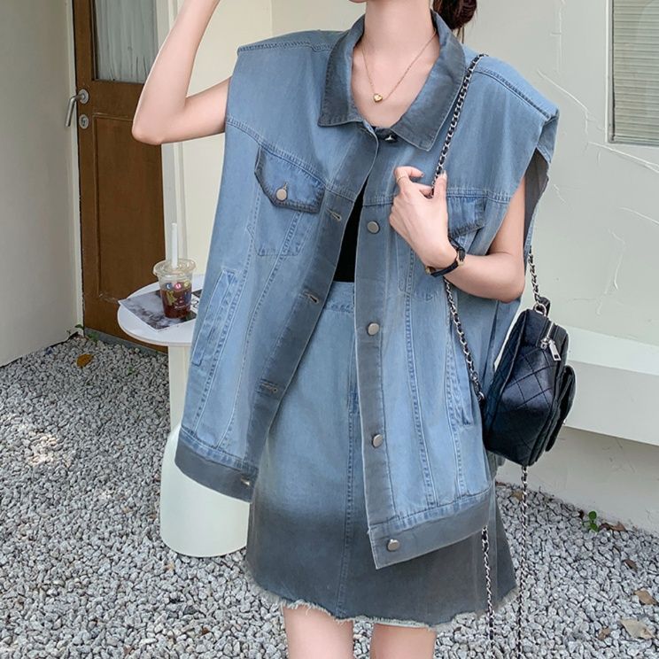 デニムセットアップ オーバーサイズデニムベストスカートセット